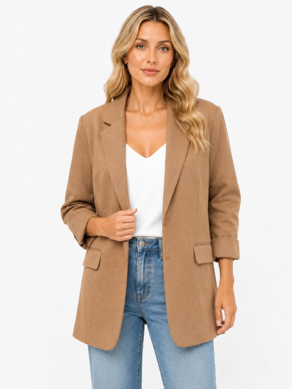 Liverpool Los Angeles Boyfriend Blazer 2X Camel Open Front NWT